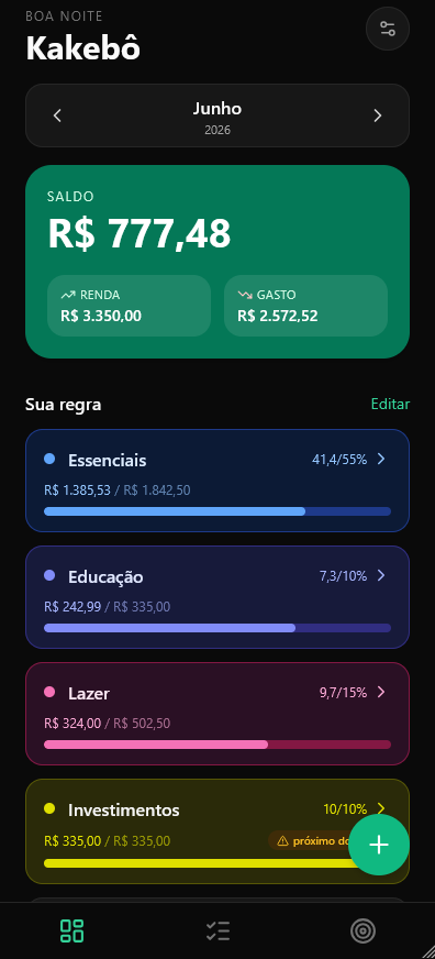 Tela inicial do Kakebô mostrando o saldo positivo do fim do mês