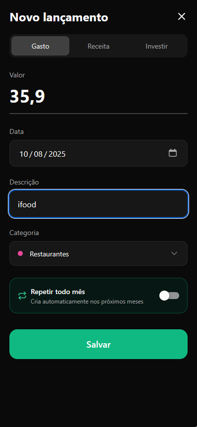 Tela de novo lançamento do Kakebô com a categoria sugerida automaticamente
